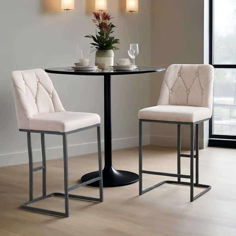 Set of 2,Modern Upholstered Bar Stool with Button-Tufted Backrest, Counter Height Chair with Sturdy Metal Frame, Comfortable Padded Seat for Kitchen, Bar, or Dining Room