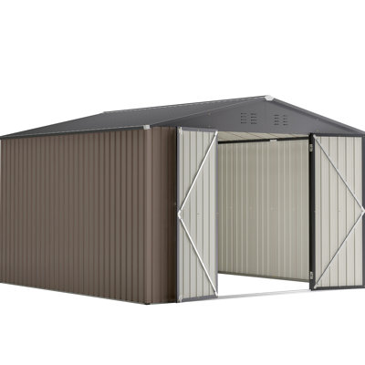 Abri de jardin en métal brun de 3 m de large, avec portes verrouillables et ventilation, idéal pour ranger l'équipement de votre terrasse ou jardin.
