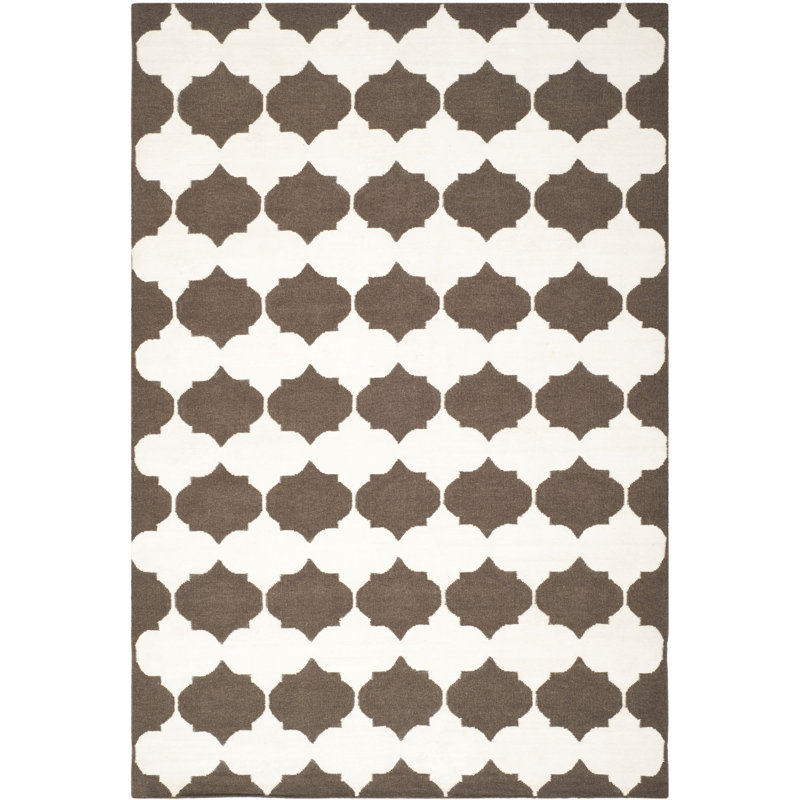 Rodgers Hand Woven Flat Weave Banana Silk/Wool/Cotton Geometric Rug in White/Brown, Rectangle 4' x 6'