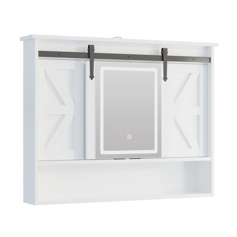 Rustic Bathroom Medicine Cabinet with LED lights & Sliding Barn Door, Wall-Mounted Storage