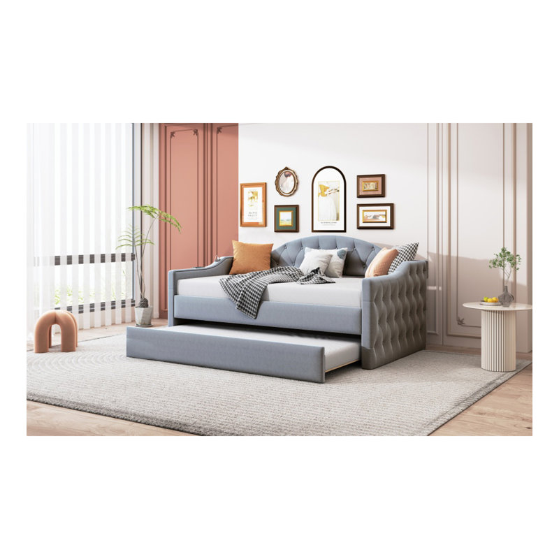 Twin Size Tufted Upholstered Daybed with Trundle ,Velvet Sofabed with USB&Type-C Charging Ports,No Box-spring Needed, Gray