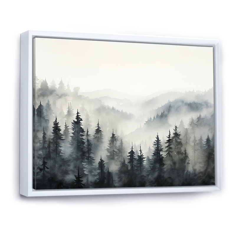 «Gray Misty Morning Forest Horizon», art mural encadré forêt, Cadre flottant blanc, H 12 po x l 20 po x P 1 po