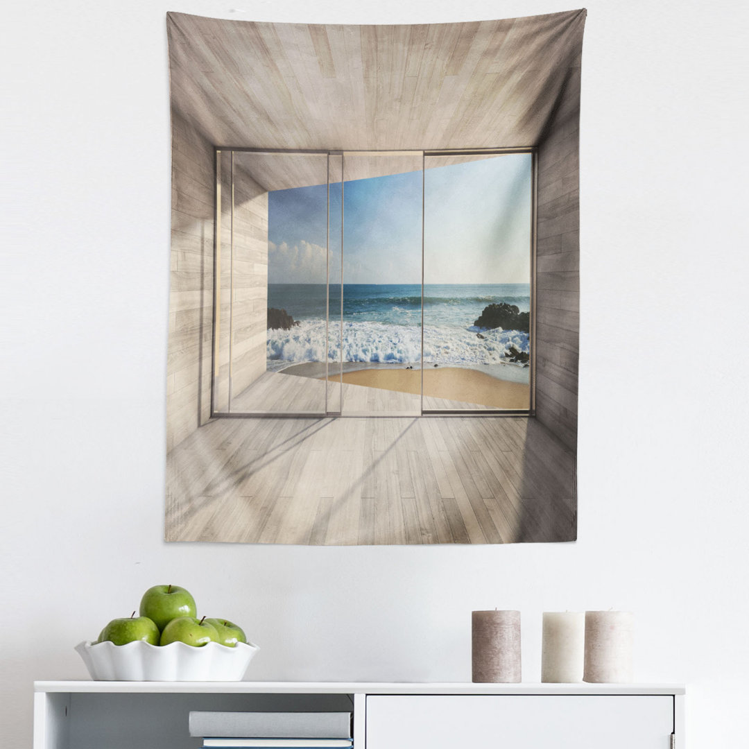 Modern Tapestry, Empty Lounge Area Large Window And View Of Sea Waves Rocks Art, Fabric Wall Hanging Decor For Bedroom Living Room Dorm, 23" X 28", Beige Blue White East Urban Home 