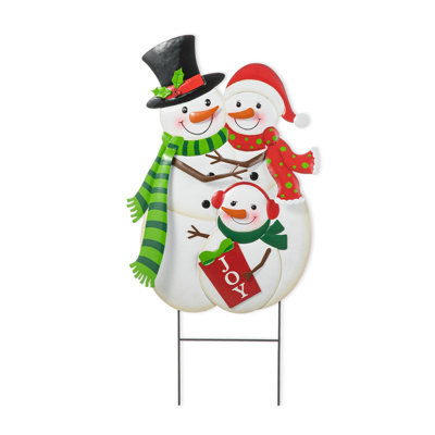 30"H Christmas Metal Snowman Family Yard Stake Or Standing Decor Or Hanging Decor (KD, Three Function)