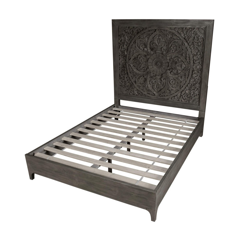 Boho Chic Sandblasted Pine Queen Bed with Carved Mandala Headboard