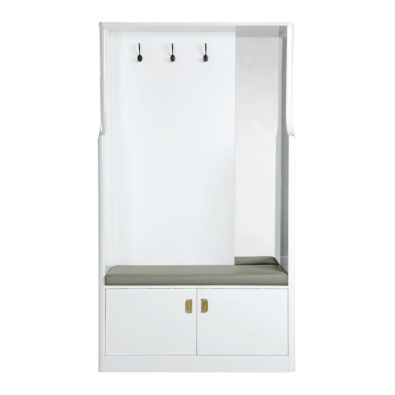 Edelfried Contemporary Rectangular Hall Tree with 3 Hooks and Bench in White