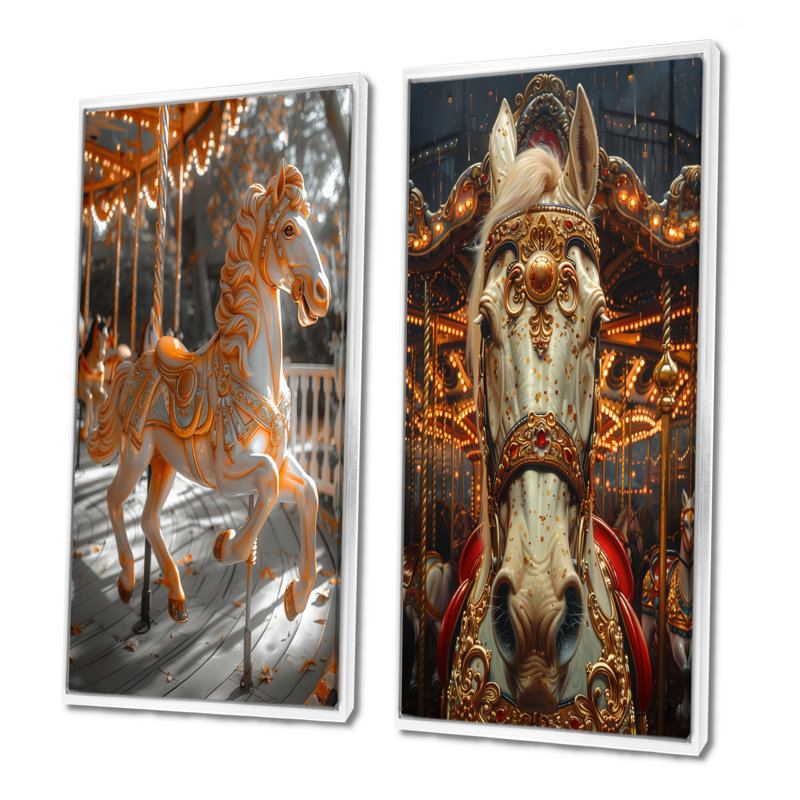 Or, blanc, conte de fées, cheval, carrousel I - ensemble d'art mural 2 pièces, H 32 po x l 32 po, Impression encadrée, Blanc