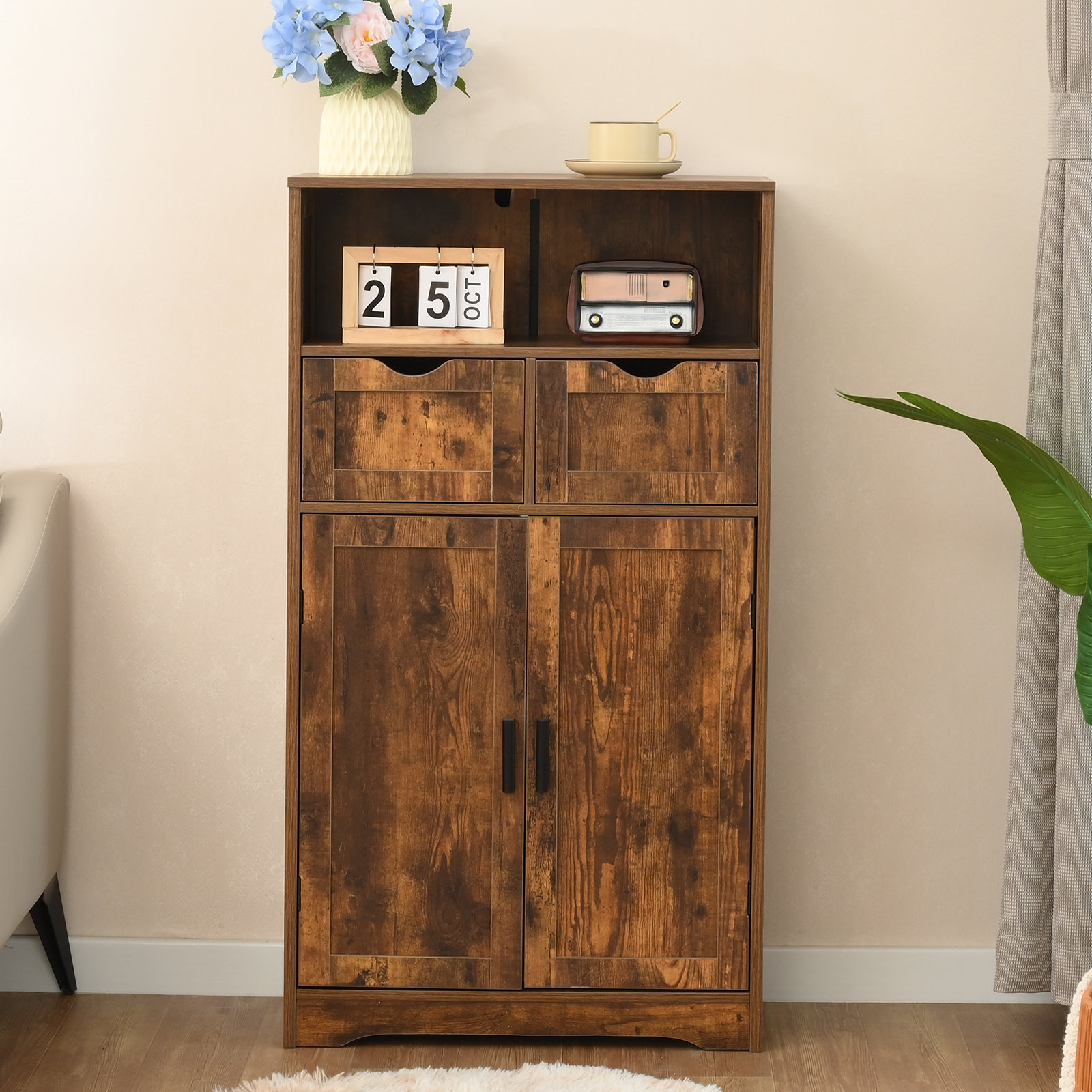 Rustic Storage Cabinet With Two Drawers And Four Classic Rattan