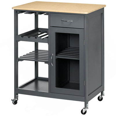 Rolling Kitchen Island With Storage, 4-Bottle Wine Rack, Stemware Holder, Shelves, Drawer And Cabinet For Elegant Organization