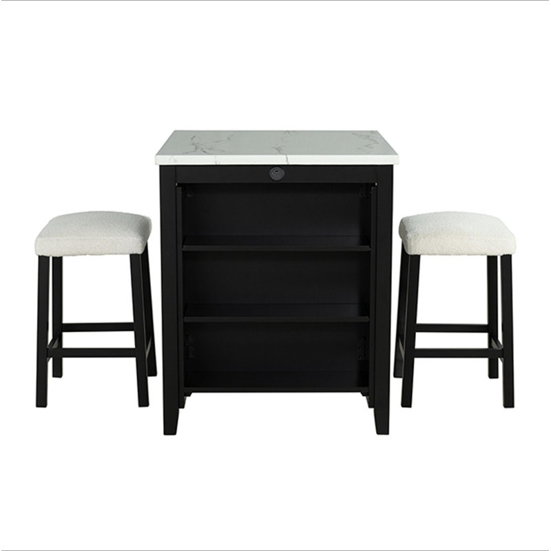 Ensemble de table de salle à manger noir avec tablettes latérales et tabourets ultra-brillants 3 pièces