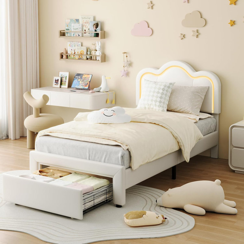 Structure de lit simple avec tiroir, tête de lit tapissier réglable et Smart DEL, lit plateforme en polyuréthane princesse pour filles / enfants