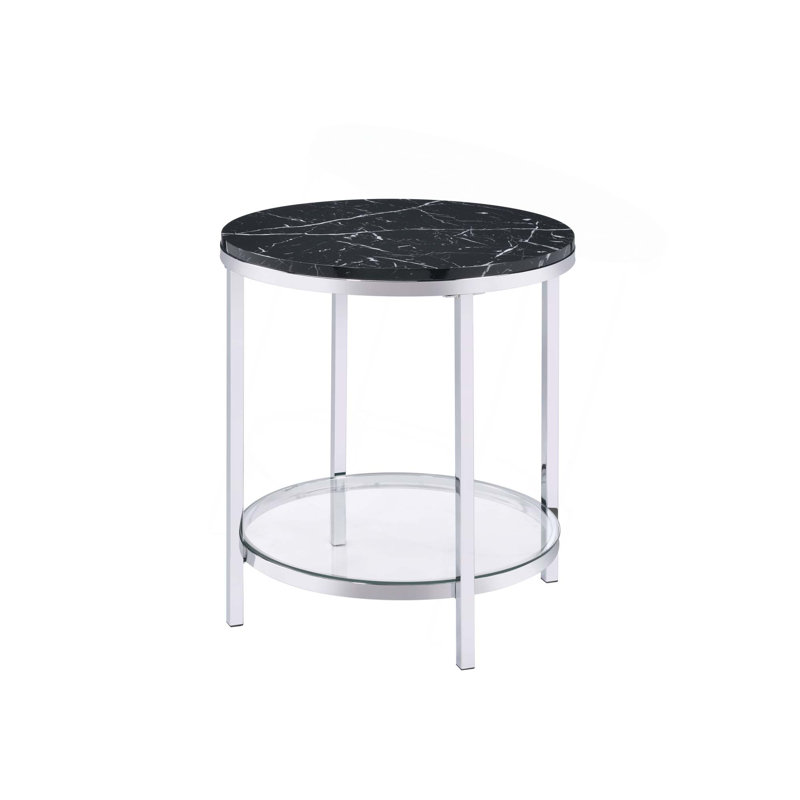 Table de bout en faux marbre noir et finition chromée