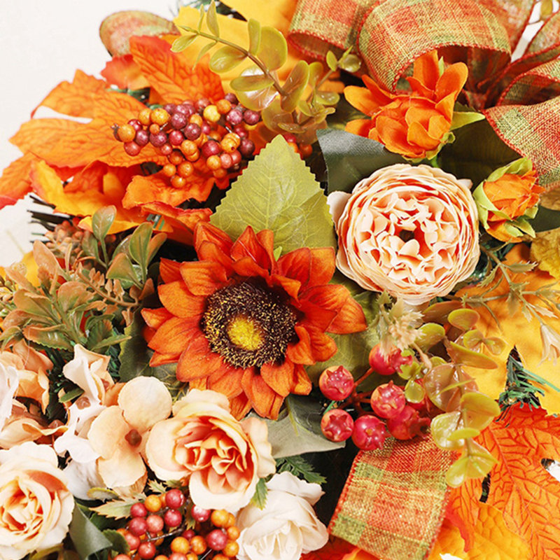 Guirlande florale artificielle d'automne, couronne de l'Action de grâce avec tournesols, feuilles d'érable, pivoines et nœud écossais pour la porte d'entrée