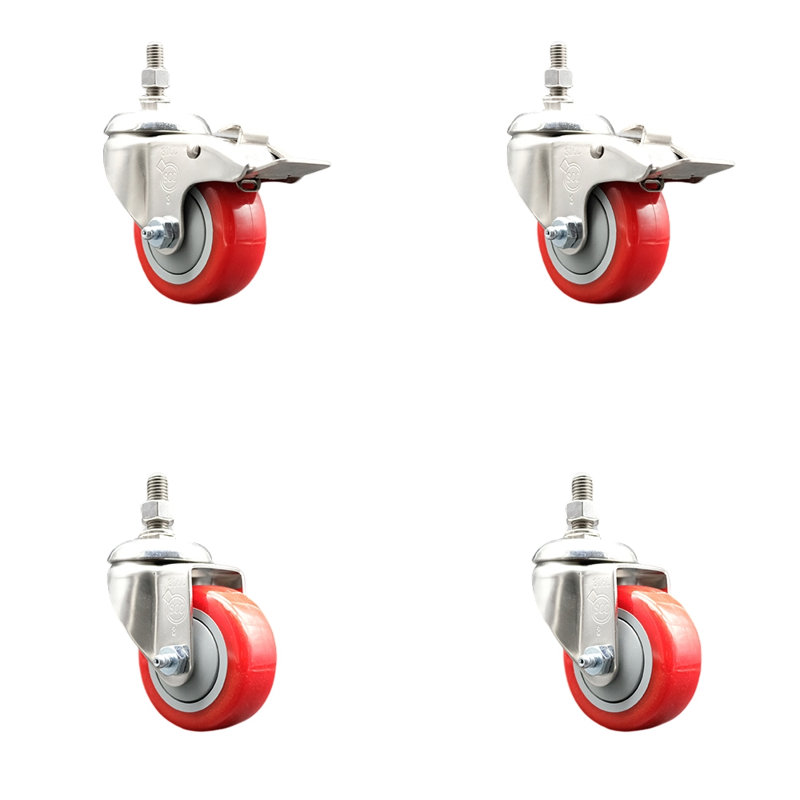 Ensemble de roulettes à tige filetée 3 pouces en polyuréthane rouge de 3 pouces ½ pouce à 2 verrous SCC