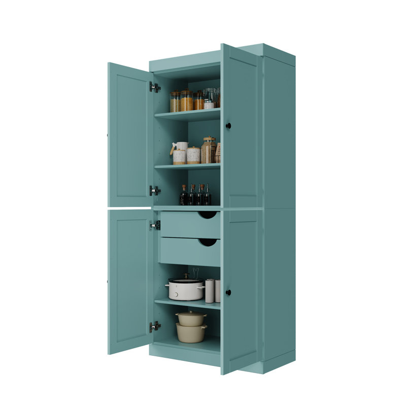 Garde-manger 100% bois massif 32 po avec portes Shaker, 2 tiroirs et tablettes réglables, Bleu turquoise