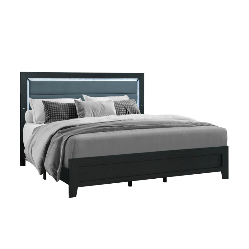 Très grand lit moderne noir avec lumières décoratives à DEL, tête de lit tapissier, bois massif et décoration intérieure pour la chambre à coucher, fabrication