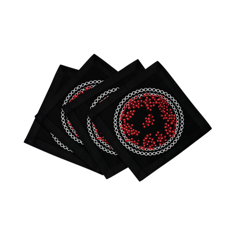 Christmas Berries Cotton Sateen Cocktail Napkins, Red Black