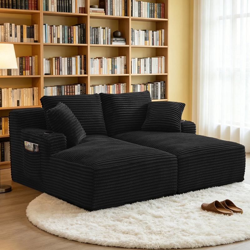 Masir Boneless Sleeper Couch,Double Chaises Lounge With Pillows, Could Plush Corduroy, Black