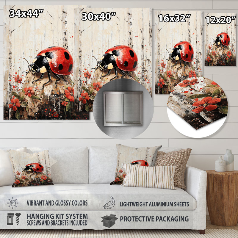 «Curious Spotted Ladybug Forest II», reproduction d'art en métal, impression sur métal, H 44 po x l 34 po