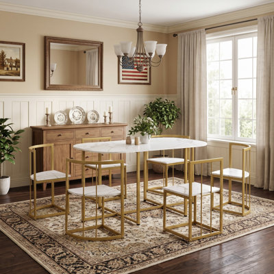 Modern 7-Piece Dining Table Set with Faux Marble Compact 55" Kitchen Dining Set for 6