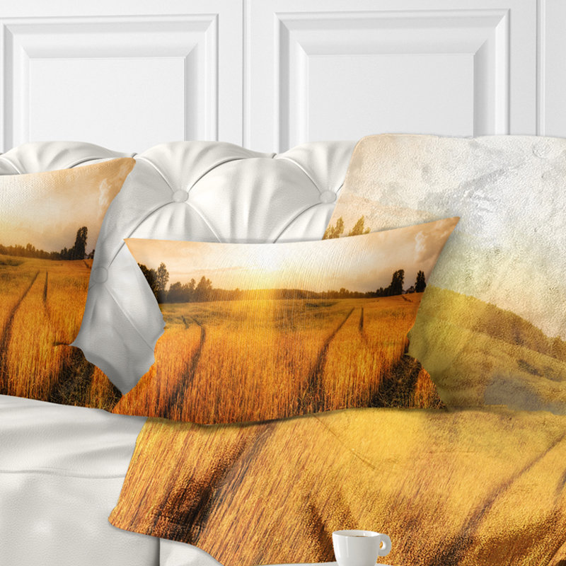 Wheat Field at Sunset Panorama - Landscape Printed Throw Pillow