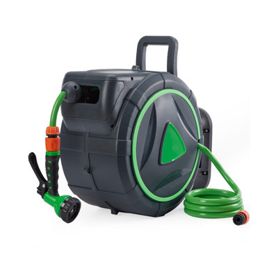 Heavy Duty Retractable Garden Hose Reel - 5/8" x 65ft, High Stream, Wall Mounted, Automatic Rewind, Any Length Lock, 180° Swivel Bracket, Weather-Resistant Storage - Gray + Light Green
