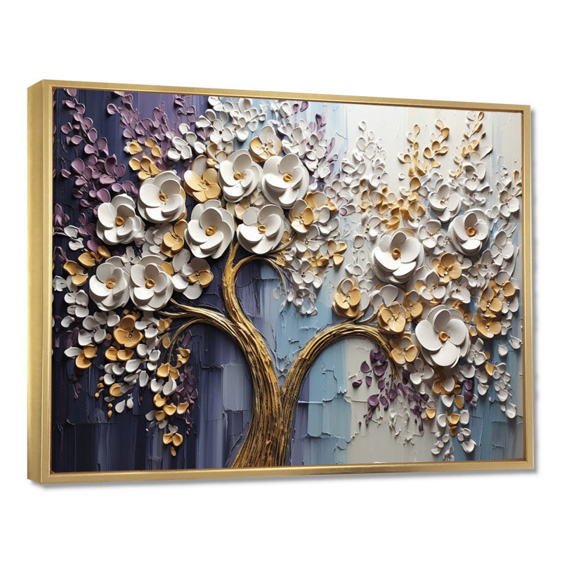 Arbre en fleurs avec fleurs blanches II, Cadre doré flottant, bois massif, H 24 po x l 32 po