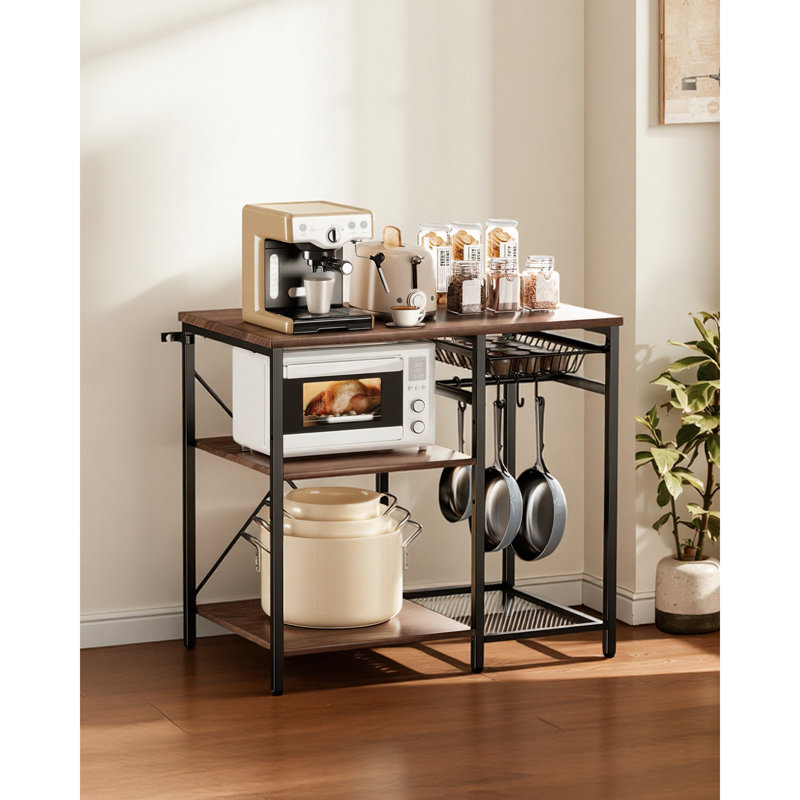 Étagère de boulanger de cuisine, étagère de boulanger de 35,4 po de largeur, support de cuisine avec barre de support en forme de X, 5 crochets en forme de S, étagère de rangement multicouche, support de bar à café pour vaisselle et bols, bouteilles à épices