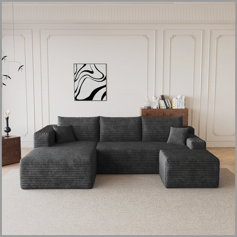 Canapé modulaire 95 po avec 1 repose-pieds Cloud, fauteuils rembourrés minimalistes modernes, canapé confortable en forme de U pour le salon, canapé d'angle à siège profond, aucun assemblage requis, noir (tissu en velours côtelé moelleux)