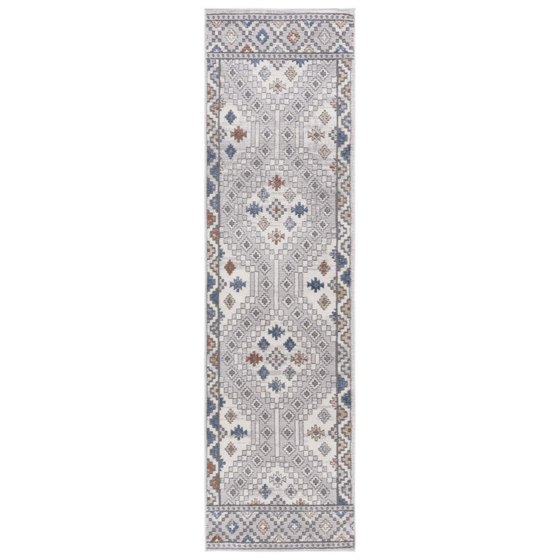 Tapis gris / ivoire en polypropylène tissé à la machine à motif géométrique Avdja, Tapis de couloir 2 pi 2 po x 8 pi