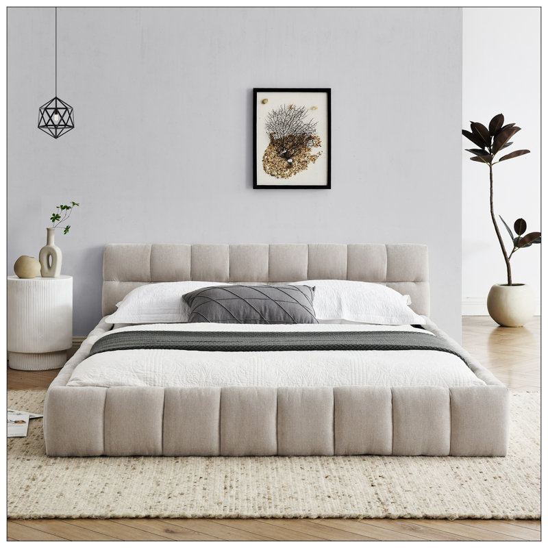 Chenille Upholstered Platform Bed with Headboard -No Box Spring Needed, Beige, Queen