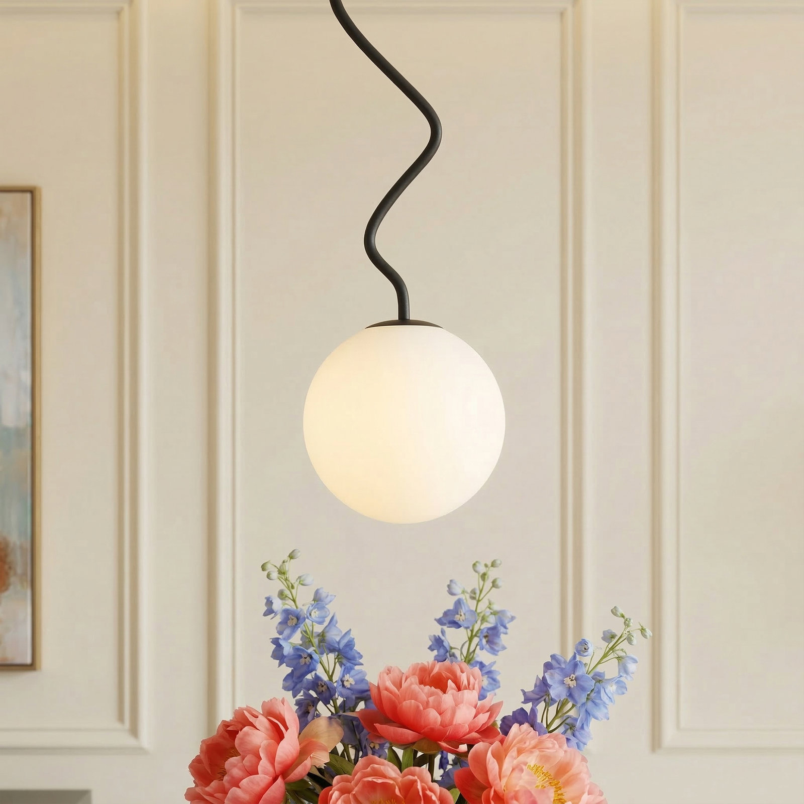 S-Curve Globe Pendant with White Jade Glass, Matte Black