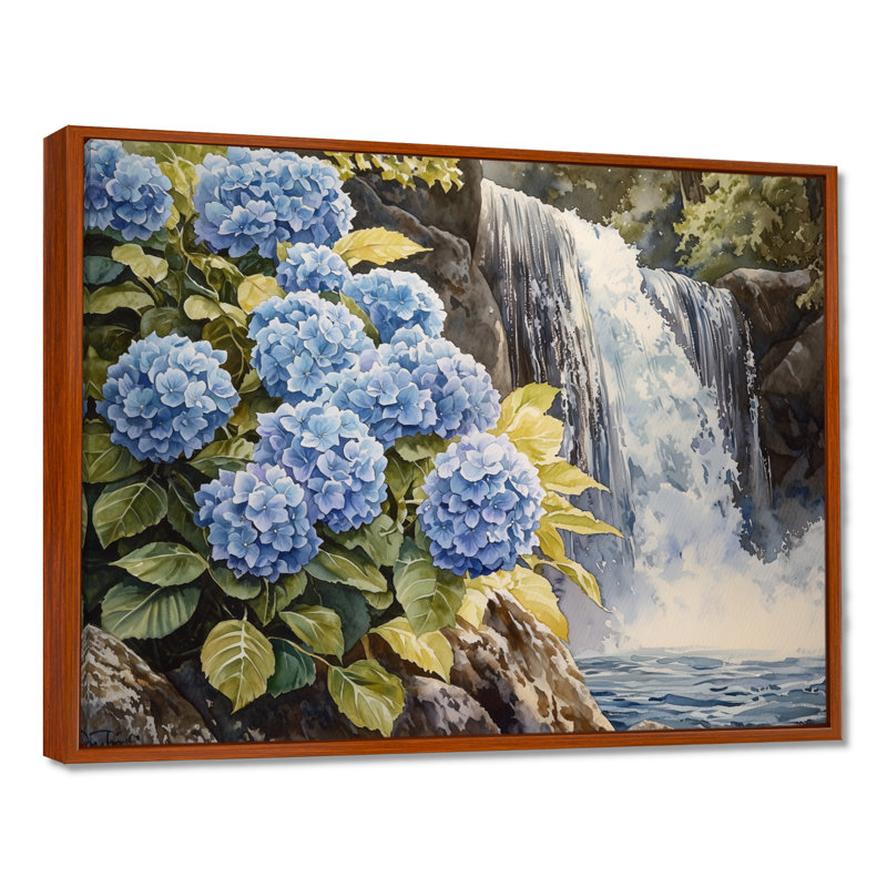 Jaber Hydrangeas By The Waterfall I - Hydrangea Wall Art, 30" H x 40" W, Brown, Floater Framed