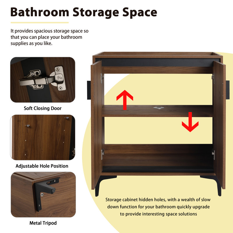 Base de meuble-lavabo 30 po sans lavabo supérieur, meuble-lavabo simple moderne avec 2 portes à fermeture douce, armoire de toilette en bois autoportante avec pieds en métal, brun