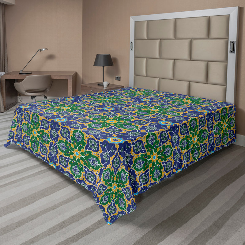 Drap plat Ambesonne Orient, Jaune, vert et bleu sarcelle / motif damassé, Drap plat grand