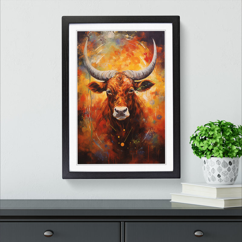 Taurus Zodiac Action Painting - Single Picture Frame Print on Wood, Black Framed, 64cm H x 46cm W