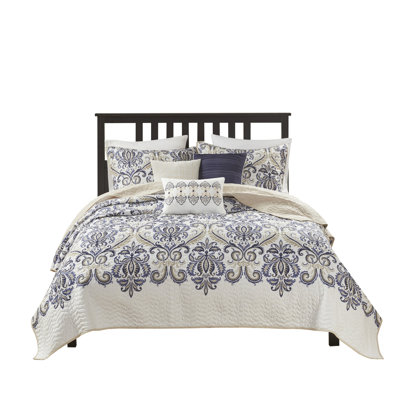 Quilt With Pillows, Navy/Tan, Full/Queen. Paisley Design, 100% Microfiber. Brushed Reverse Fabric. 2 Shams, 3 Decorative Pillows. Spot Clean 6 Piece Navy/Tan Throw Modern Quilt, Soft Shams And