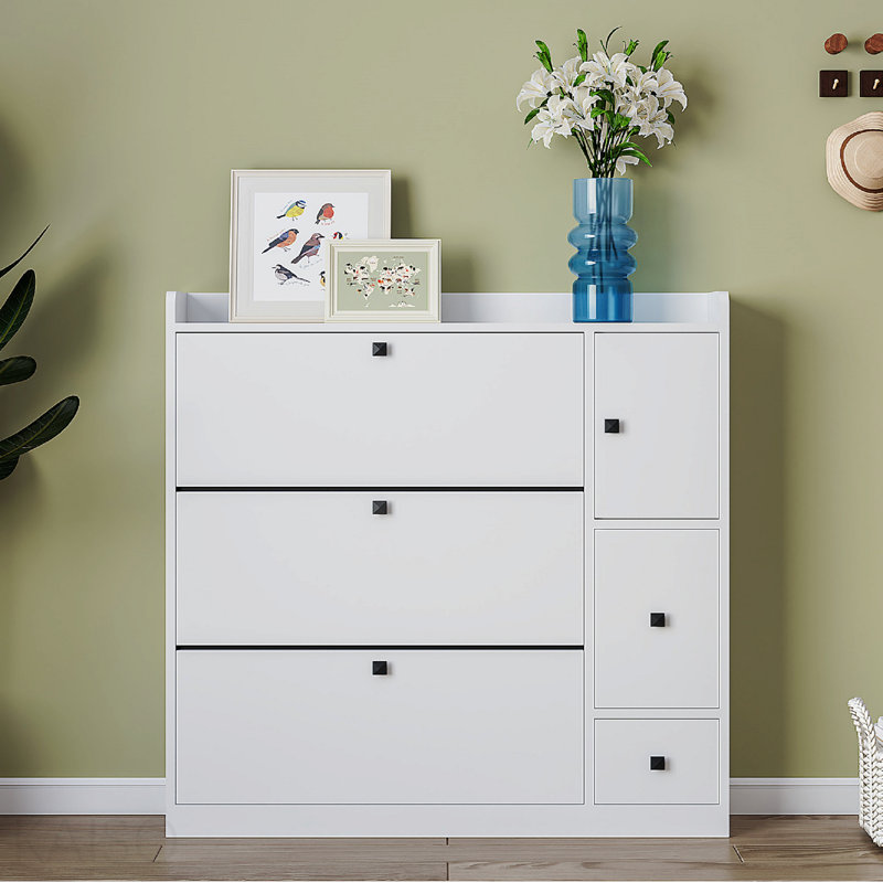 Versatile Tipping Bucket Shoe Cabinet With 3 Flip Drawers, Maximum Storage Entryway Organizer With Drawer, Free Standing Shoe Rack With Pull-Down Seat For Hallway, White