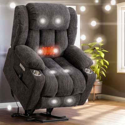 Fauteuil inclinable Power Lift - Massage 8 points et chaleur lombaire - Deux ports USB - Porte-gobelets en acier inoxydable - Mécanisme de levage certifié ASTME?