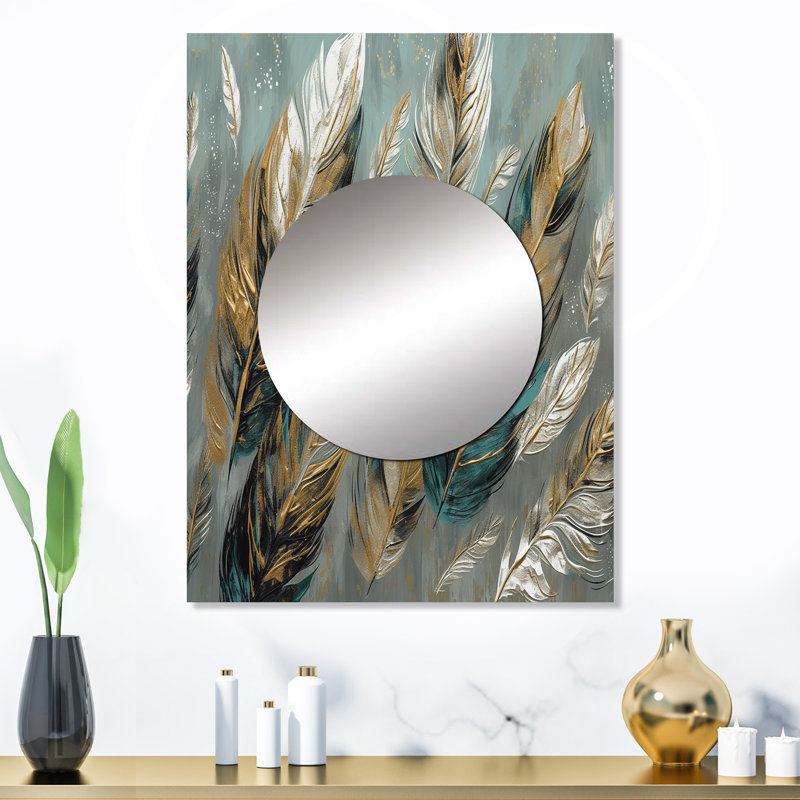 Décoration murale miroir doré plume dorée Extravaganza I - Glam Feather, 32 po x 24 po
