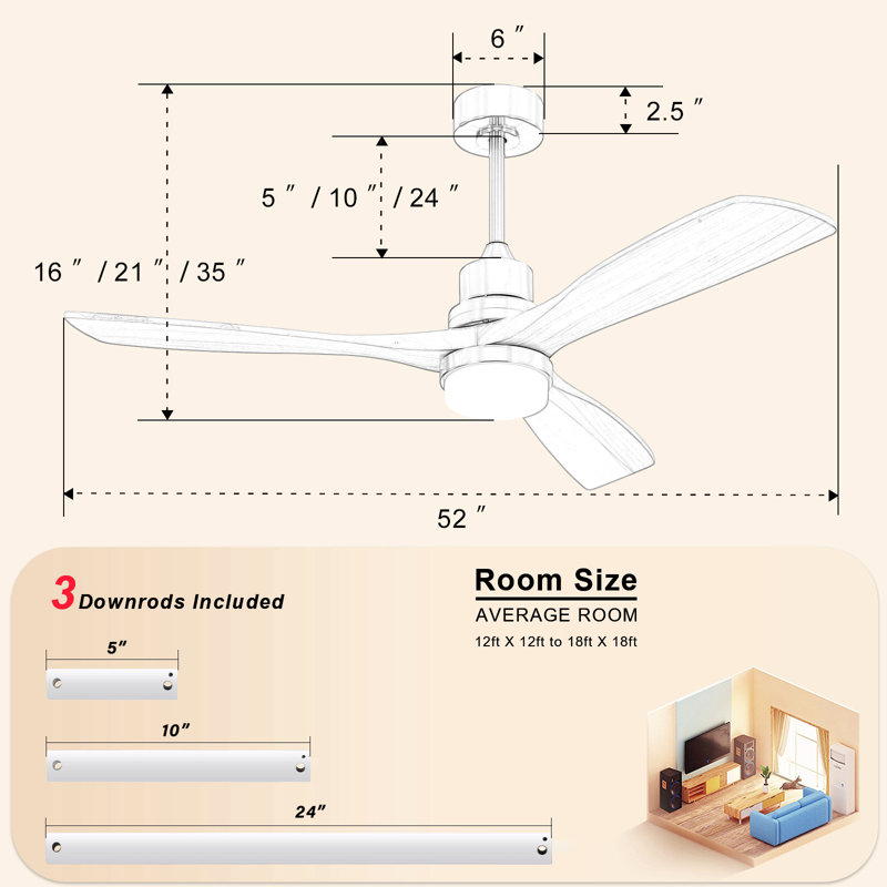 Ventilateur de plafond 52 pouces avec moteur à courant continu réversible à 3 vitesses et 3 lumières à DEL à intensité variable pour chambre à coucher