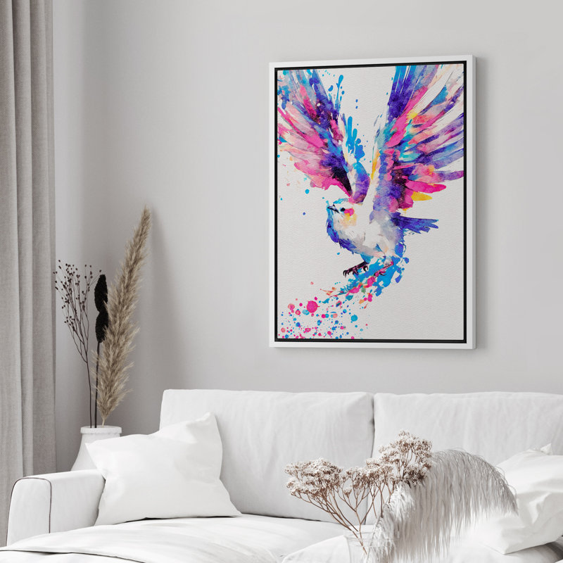 Aquarelle brillante, oiseau mignon, ailes volantes - impression, Cadre flottant blanc, H 36 po x l 24 po x P 1,5 po