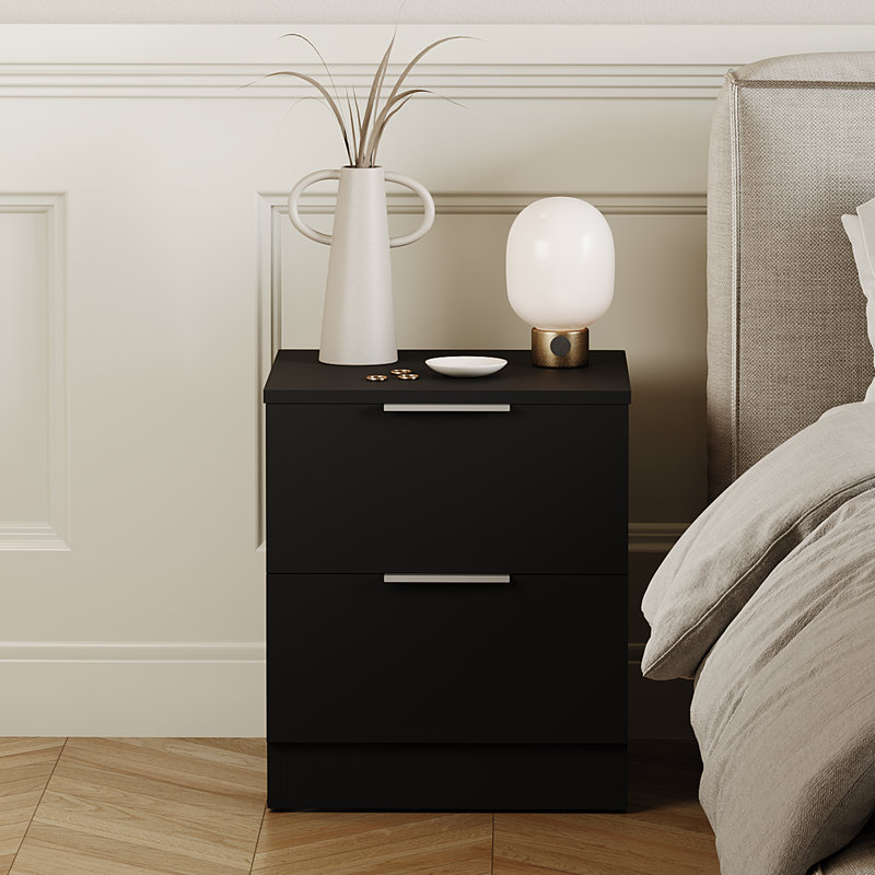 Tanishi 2 Drawer Bedside Chest Modern Bedroom Nightstand, Black