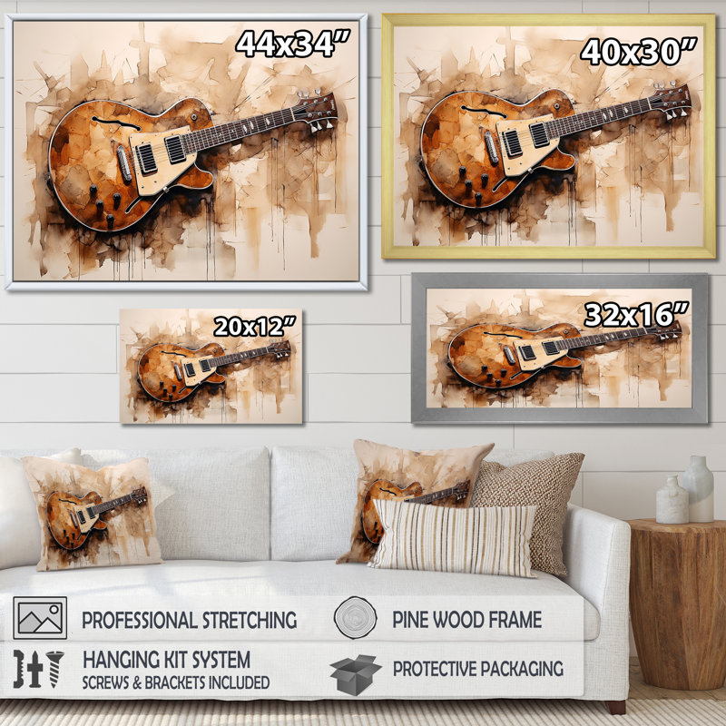 Guitare, simplicité, Earthy Brown III - musique, art mural, H 30 po x l 40 po x P 1,5 po, Cadre flottant doré