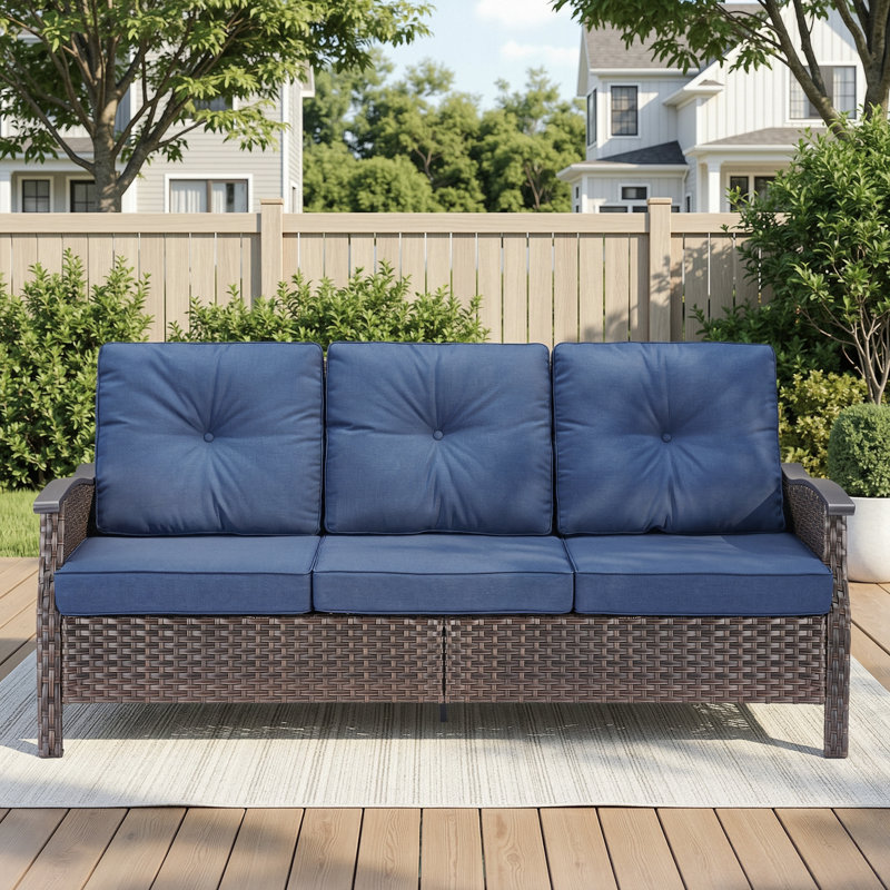 All-Weather Outdoor Wicker Patio Contoured Armrests Sofa With Cushions, Blue