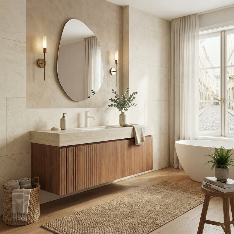 Meuble-lavabo mural 48 po avec comptoir en pierre frittée et lavabo en céramique, armoire de rangement avec 1 tiroir et porte à fermeture en douceur