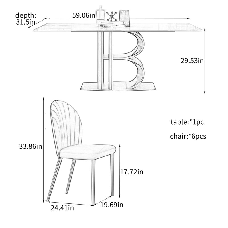 Light Luxury Rock Plate Dining Table Sets., 29.53"H x 59.06"L x 31.5"W