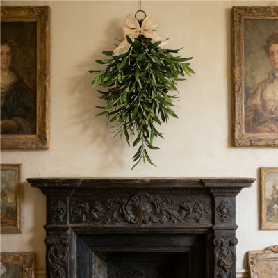 Artificial Olive Teardrop Swag Wreath for Front Door - 23.6 Inch Faux Greenery Wall Decor with Burlap Bow - Farmhouse Olive Branch Swag for Indoor Kit