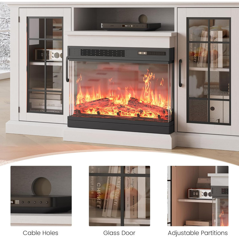 Meuble télé 59 po et foyer électrique en verre 24 po à 3 côtés, 12 lumières DEL de couleur flamme, 750 W / 1 500 W pour téléviseurs de 65 po maximum, armoire de rangement à 2 niveaux et 2 portes