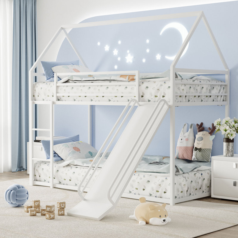 Twin Over Twin Metal House Bunk Beds with Slide and Ladder, White